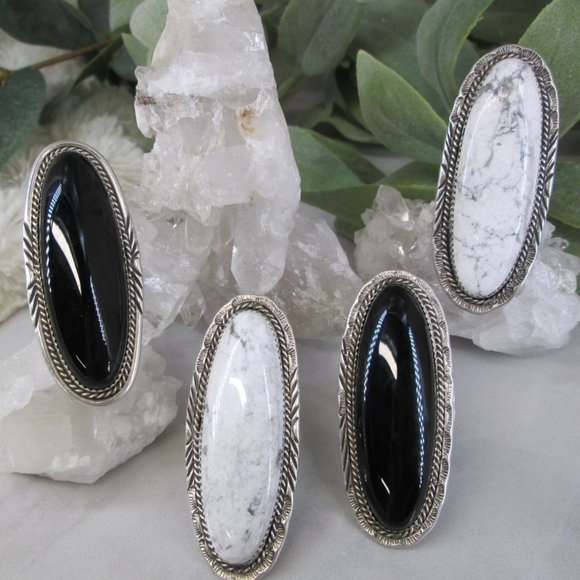 Native American 925 Sterling Statement Ring>Black Onyx or White Buffalo>signed